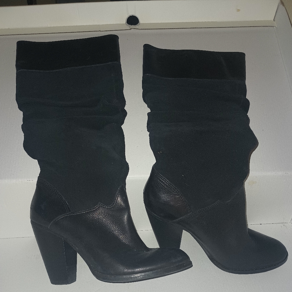 ZODIAC | Vintage 1980s black suede and leather knee high heeled slouch boots